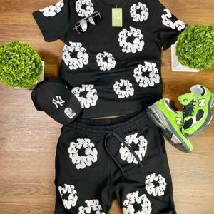 Black and White Graphic T-Shirt and Shorts Set